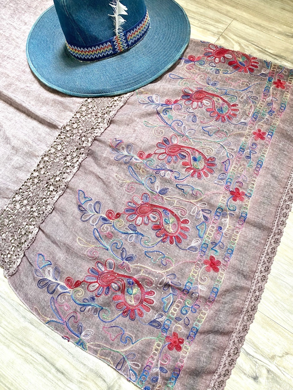 Embroidered rustic wash boho paisley floral scarf/wrap w southwestern Gypsy vibe